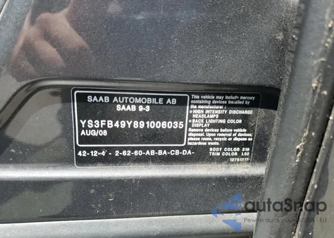 2009 Saab 9-3 2.0T from USA, damaged, VIN YS3FB49Y891006035